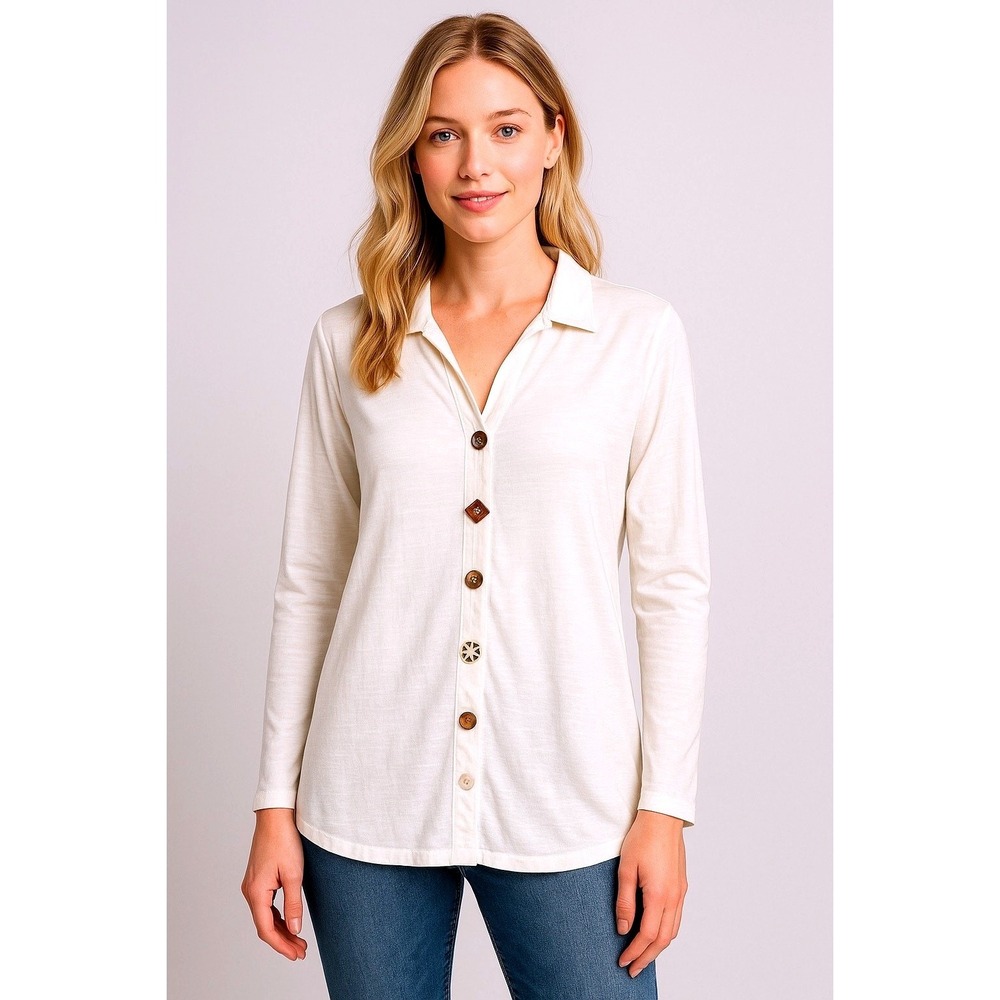 Soft Surroundings Cream Slub Knit Mismatched Button Down Shirt Top Womens Large